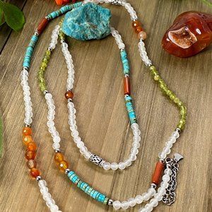 45" Long Selenite Peridot Turquoise Necklace 925 Sterling Silver